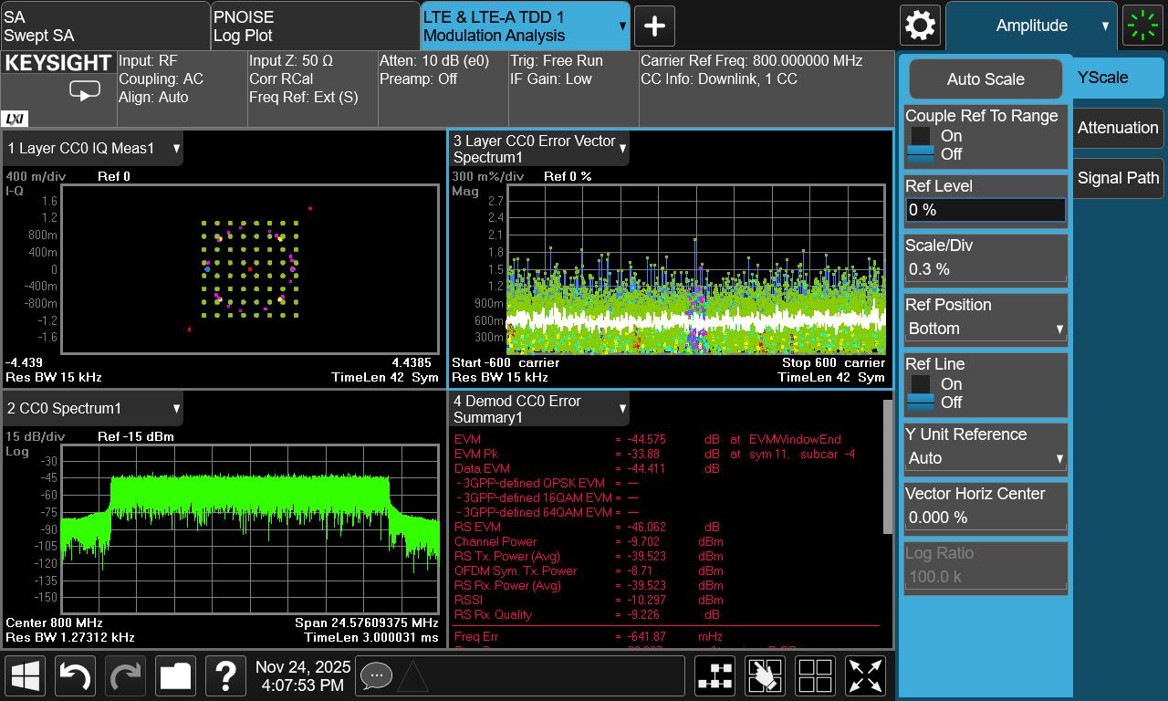 QX9361 发射 800MHz 64QAM EVM 实测截图（AD9528 参考源）：矢量信号分析仪显示 64QAM 星座图与 EVM 汇总读数